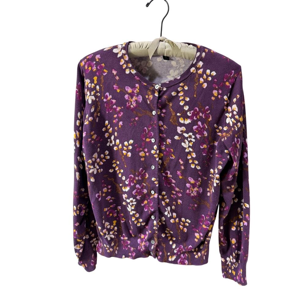 Lands End Cardigan Sweater Women Purple Gold Floral Print Supima Cotton XL